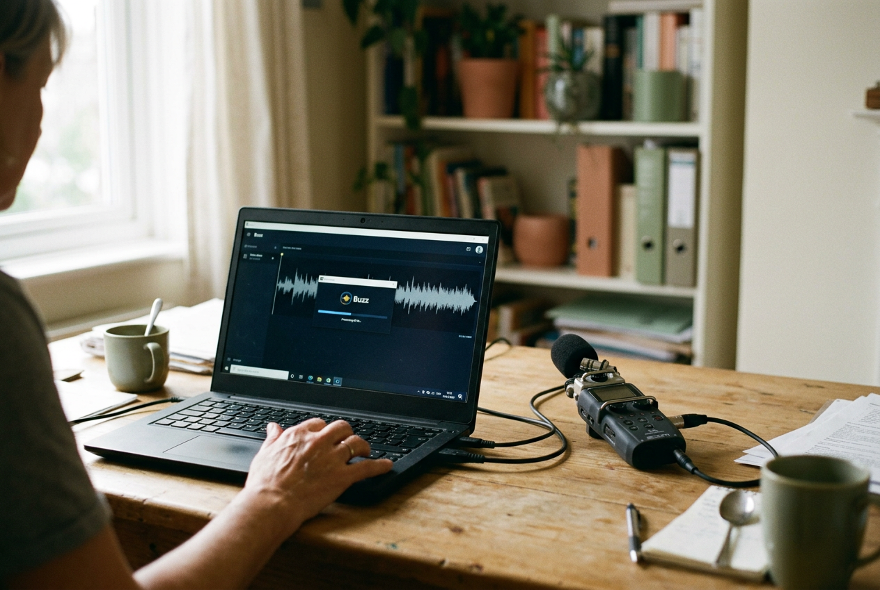An RTX-equipped Windows laptop transcribing a 60-minute meeting in Buzz beside a digital audio recorder.