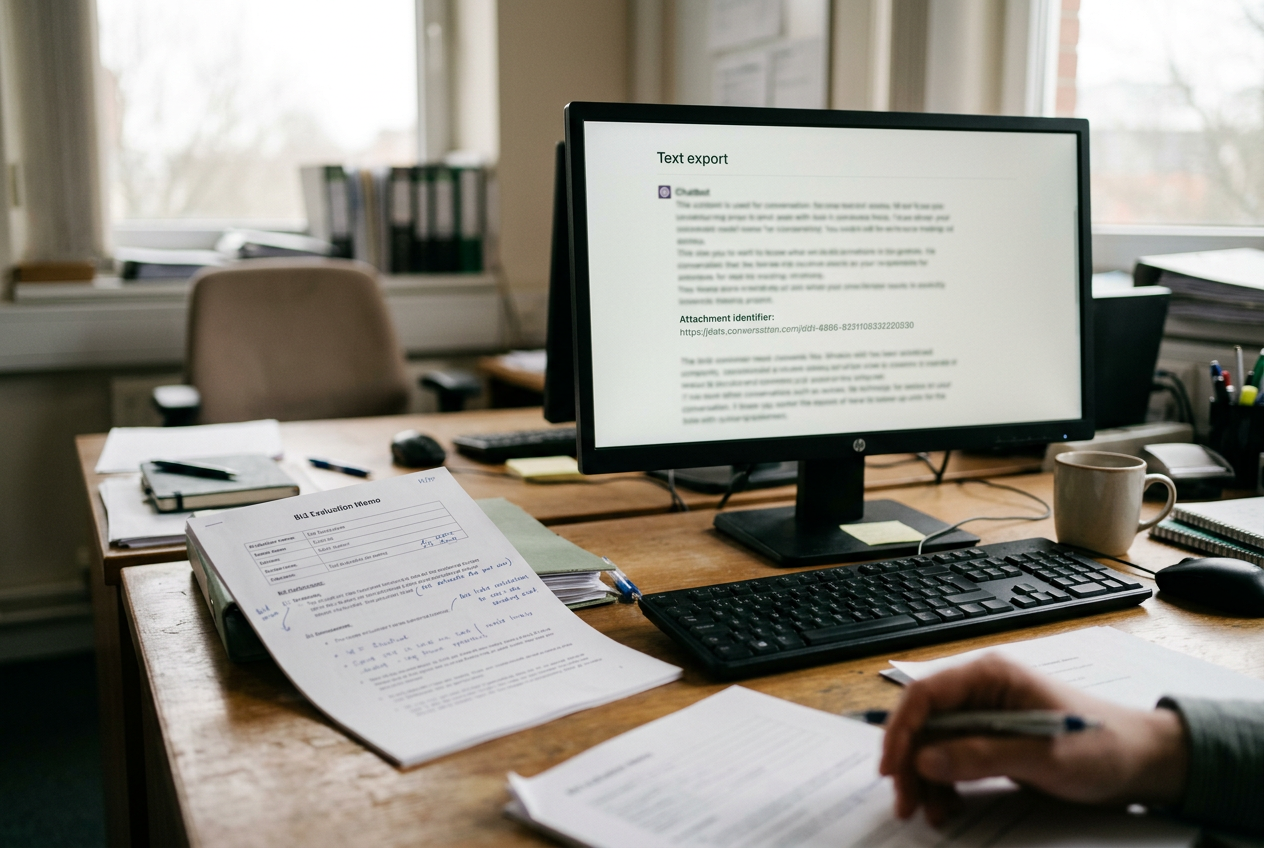 A procurement workstation showing an AI chat beside a bid evaluation memo and records-retention checklist.
