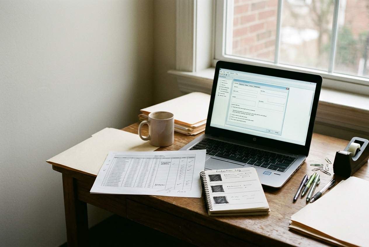 A permit case file beside a laptop showing an exported AI prompt, attachment list, and redaction review log.