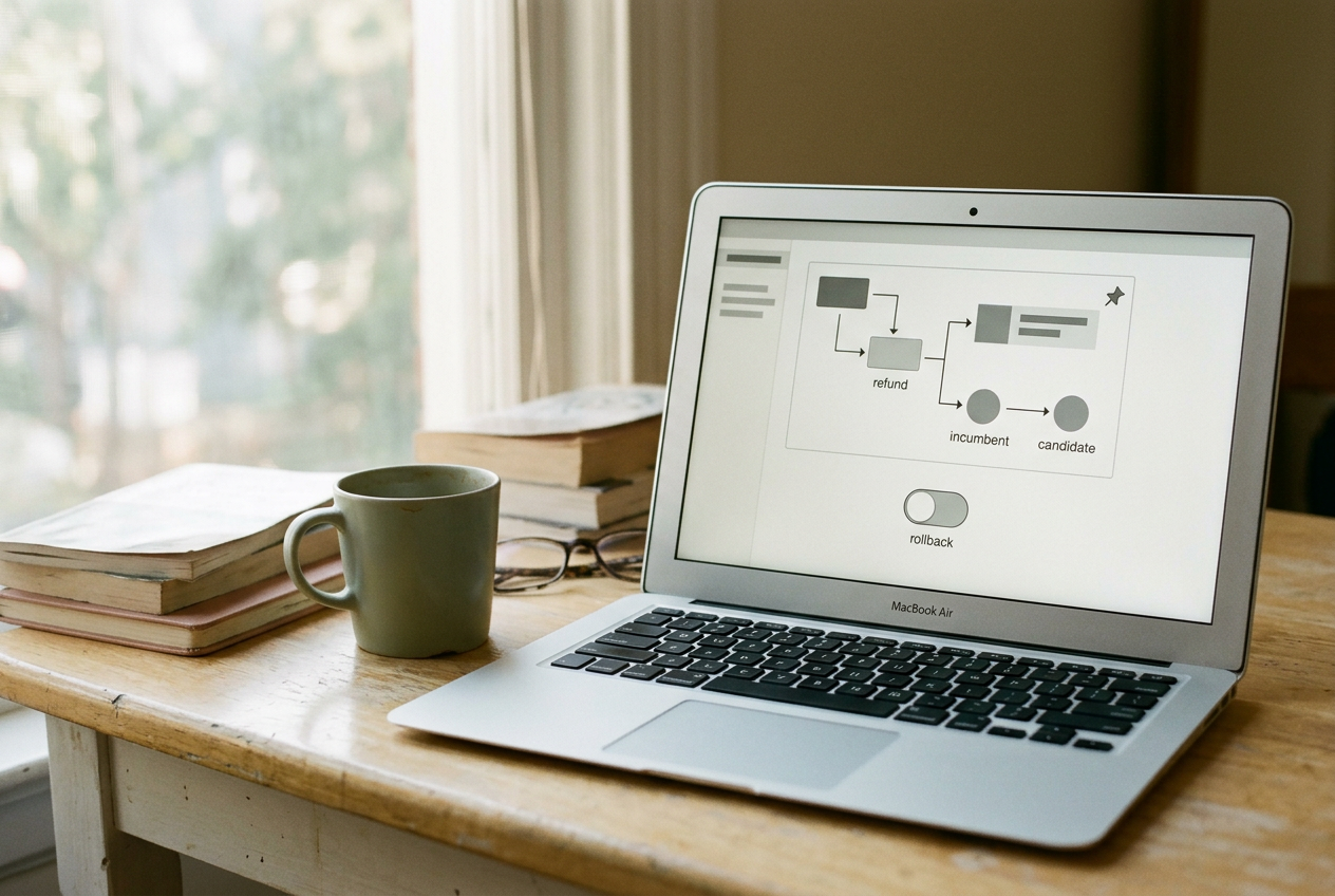 A laptop showing two model configurations beside a support refund trace and rollback control.