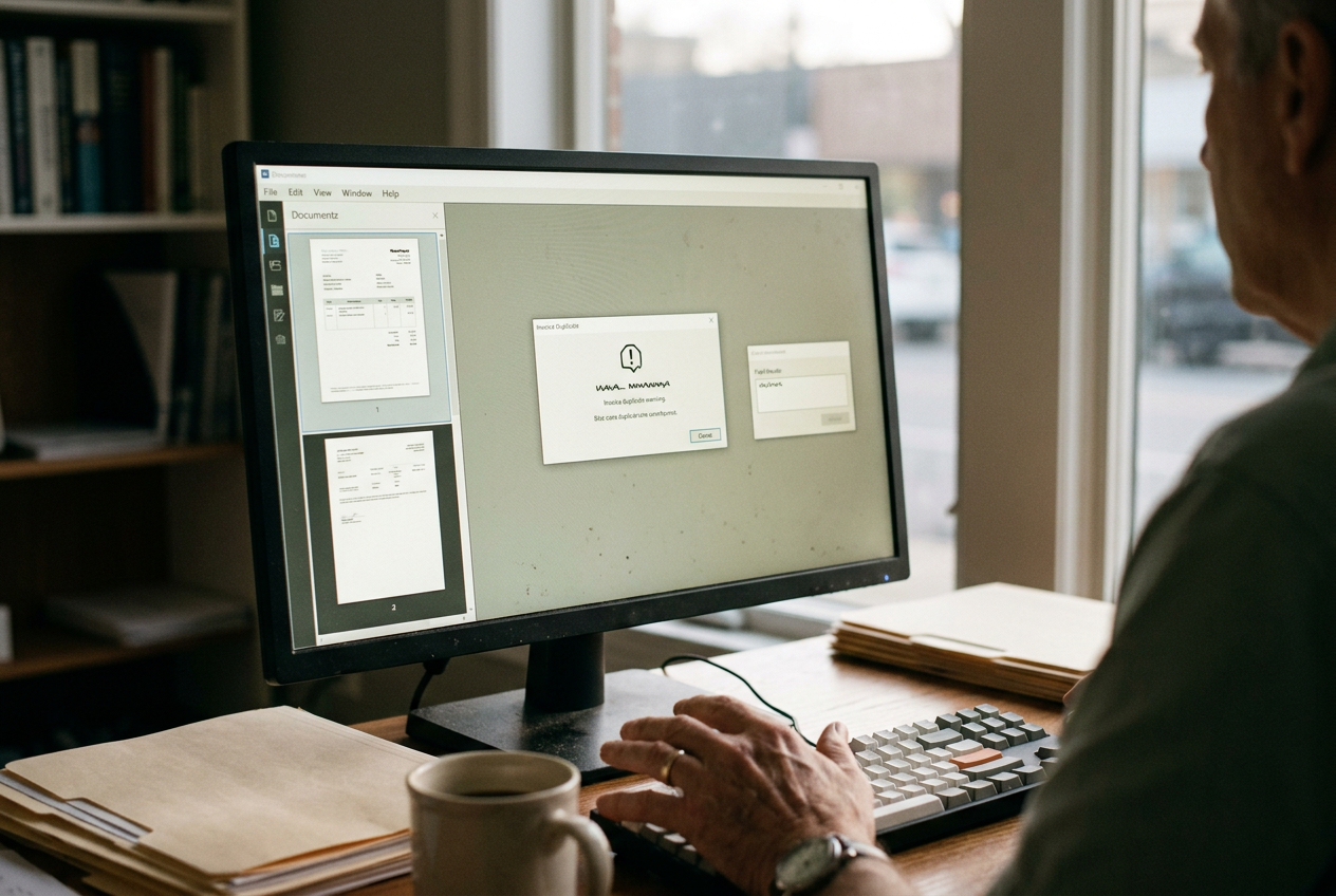 An invoice review screen showing a duplicate-payment alert, source documents and an override record.