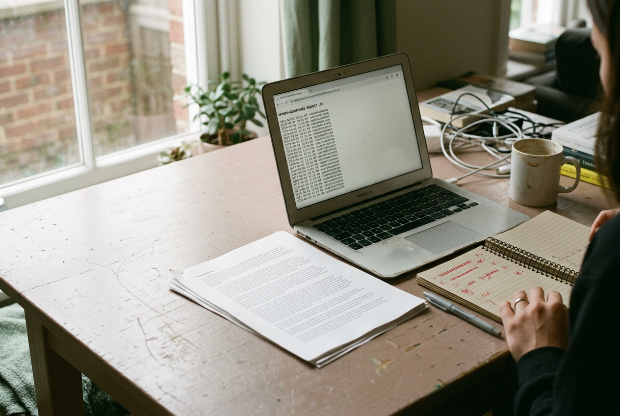 A laptop showing an AI request log beside a return-policy document and a versioned configuration manifest.