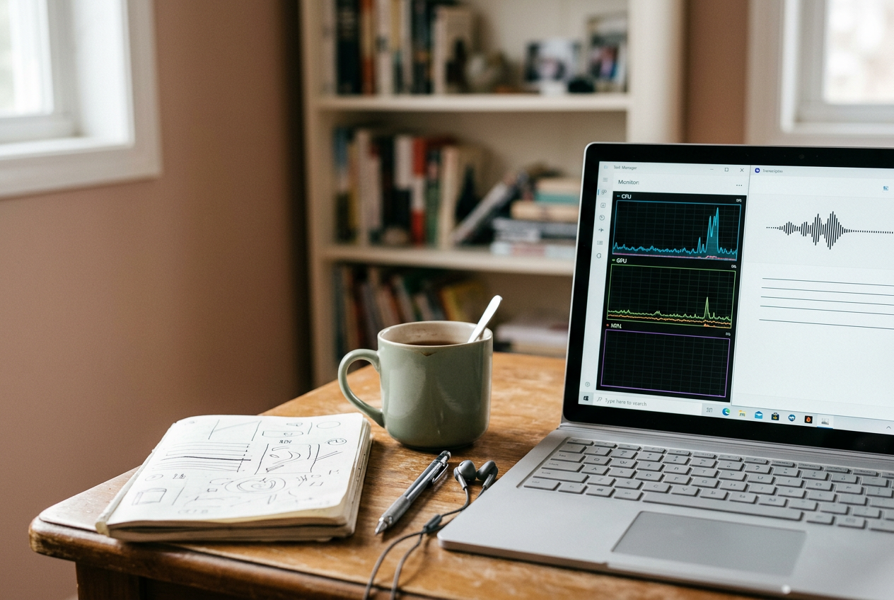 Windows laptop running a local transcription while Task Manager displays CPU, GPU, and NPU activity graphs.