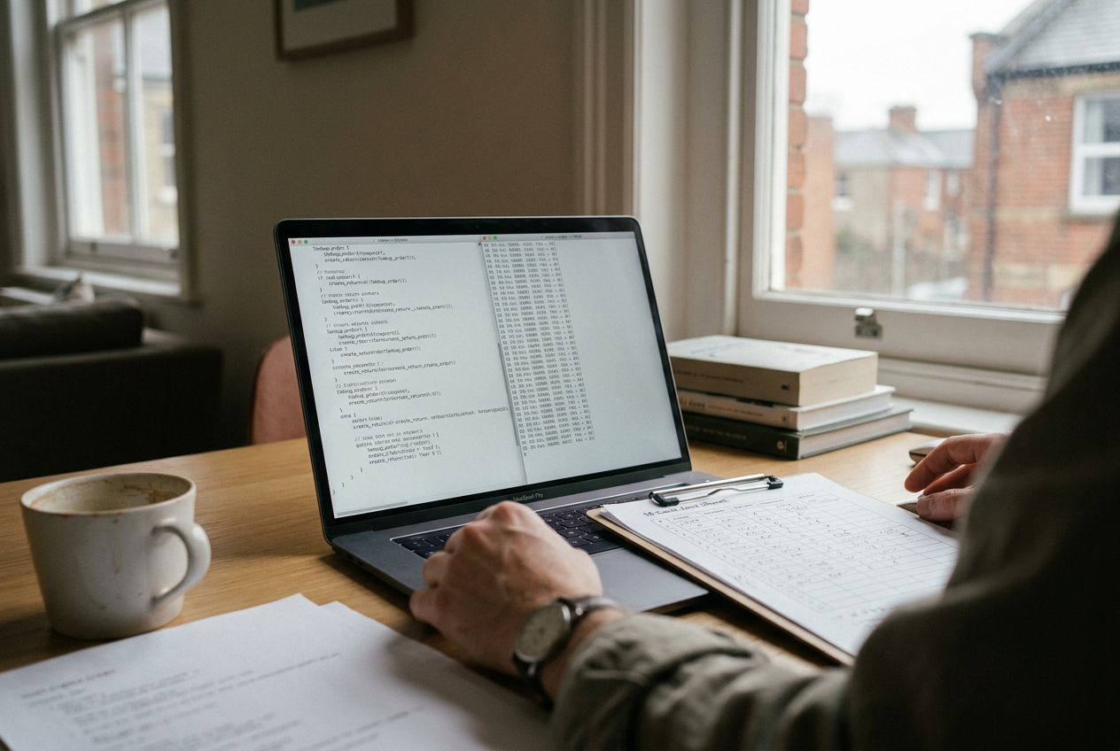 Laptop showing paired regression results for two API model versions beside a return-policy test sheet.