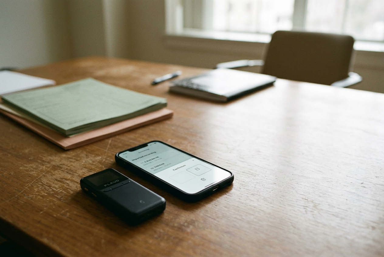 A slim AI recorder beside a phone showing a meeting transcript and delete controls.