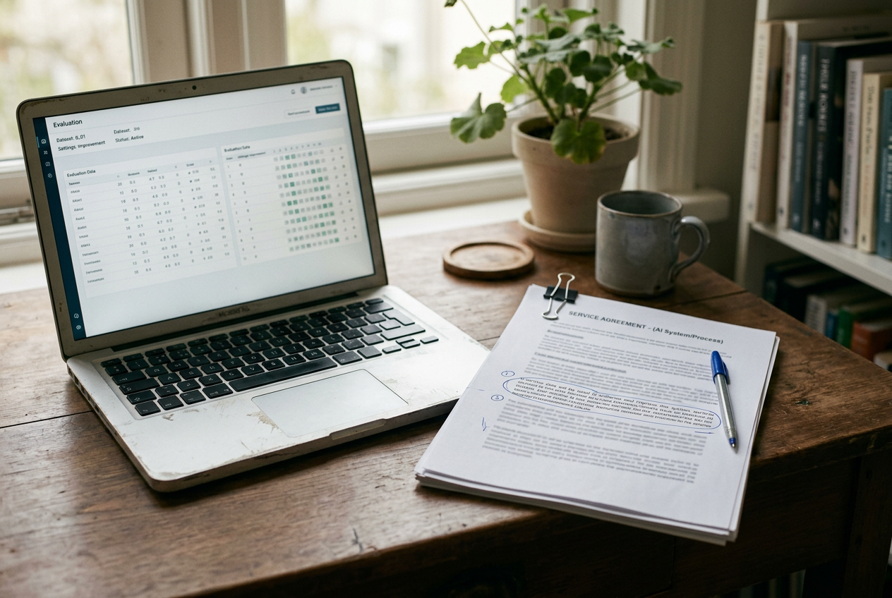Laptop displaying evaluation-data settings beside a printed data processing agreement with marked clauses.