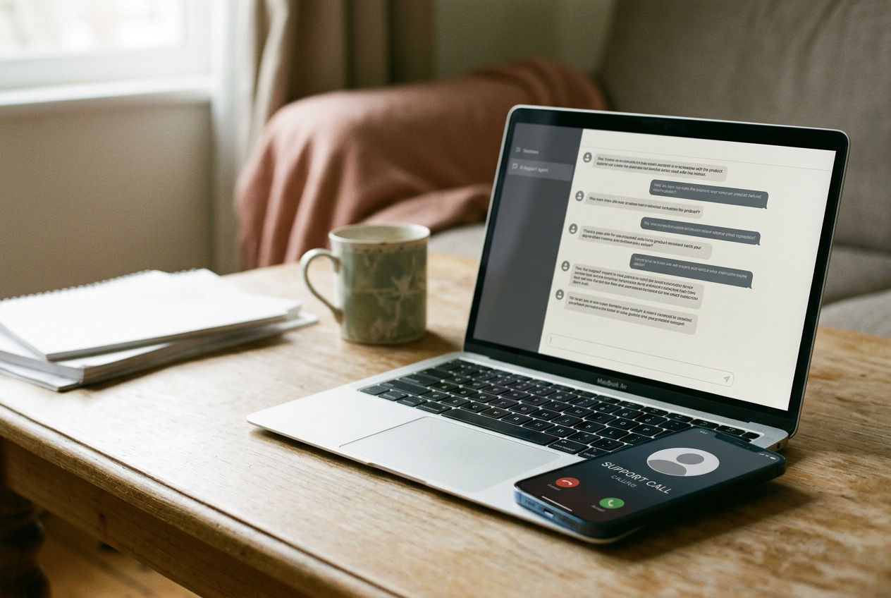 A customer-service chat labeled AI assistant beside a phone showing an automated callback screen.