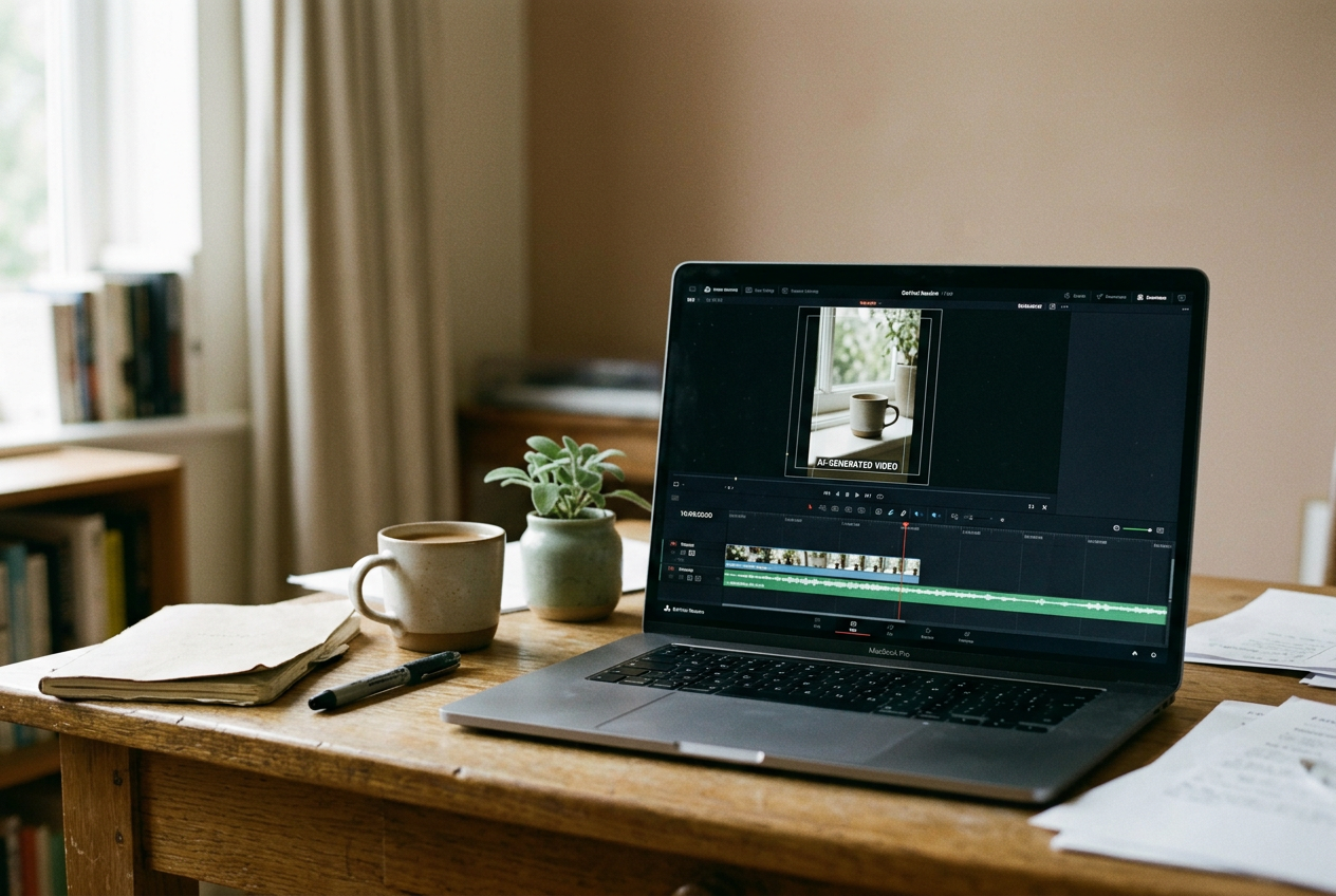 A video-editing timeline showing a burned-in AI-generated label inside a vertical video’s crop-safe area.