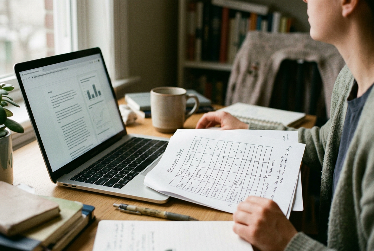 A hiring-system audit report beside a laptop showing a candidate ranking queue and threshold setting.