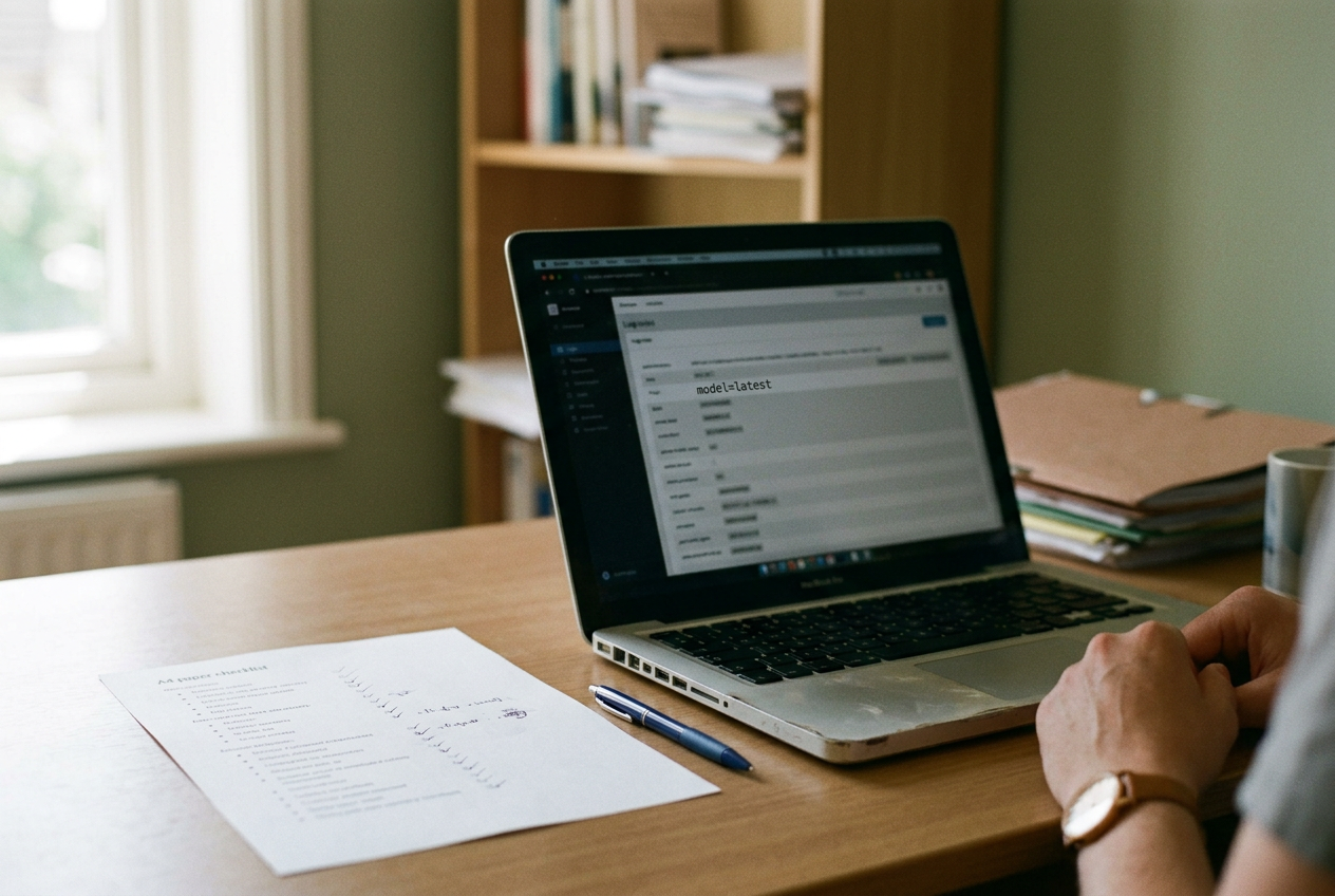 Laptop showing a model-version field beside a résumé scoring log on a recruiter’s desk.