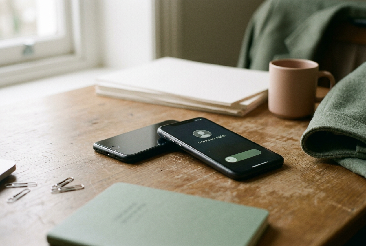 A Pixel phone on a desk showing call controls during an unknown incoming call.