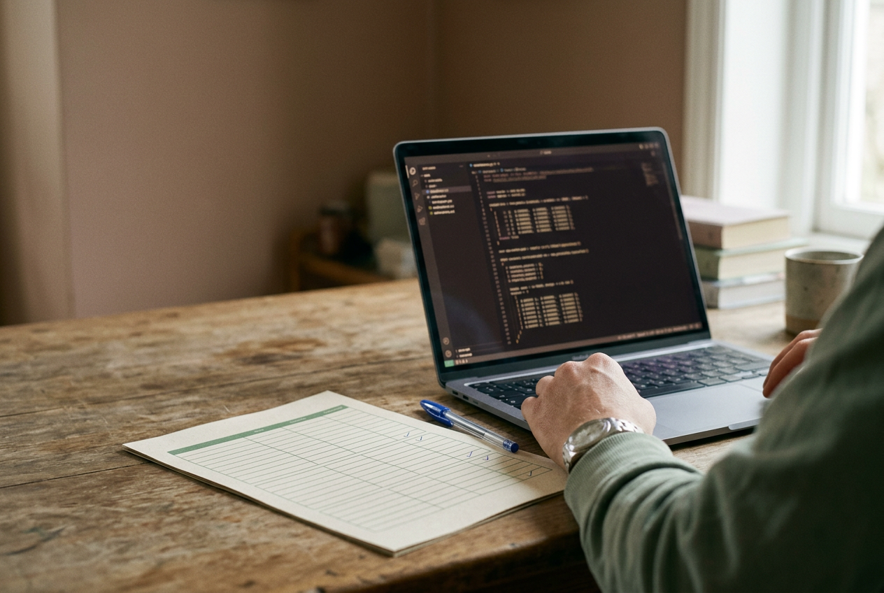 A laptop showing an AI deployment region beside a worksheet tracking prompts, logs and support data.